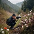 自然摄影师苏晴在野外拍摄山野花卉，手持专业相机蹲在山间小路旁，光线柔和自然，寻花论坛赏花摄影顾问