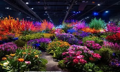 2026年全国花卉博览会现场，展馆内各色珍稀花卉竞相绽放，参观者驻足欣赏，灯光璀璨氛围热烈